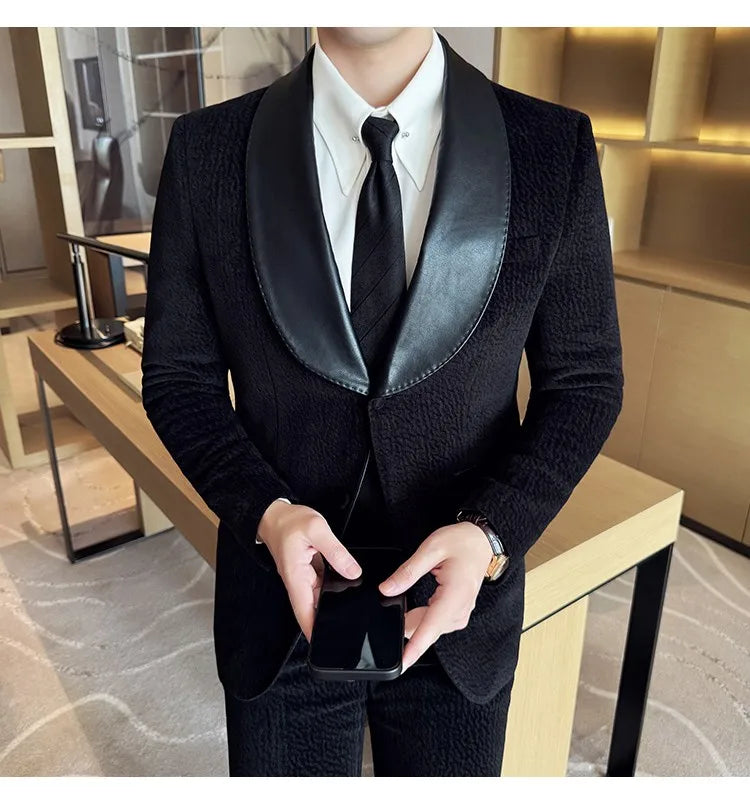 British Style PU Patchwork Suit for Men Casual Business Wedding Suits 2 Pieces Set (jacket+pant) Office Work Party Prom Suit