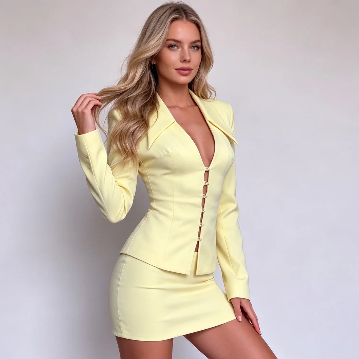 2026 New2Pcs Outfit, Slim Cut Deep V Blazer+Mini Skirt, Structured Shoulder, Elegant Suit for Club Date Cocktail Party