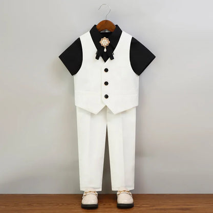 Boys Pure White Suit Set Kids Wedding Birthday Ceremony Party Performance Costume Childre's Piano Performance Costume