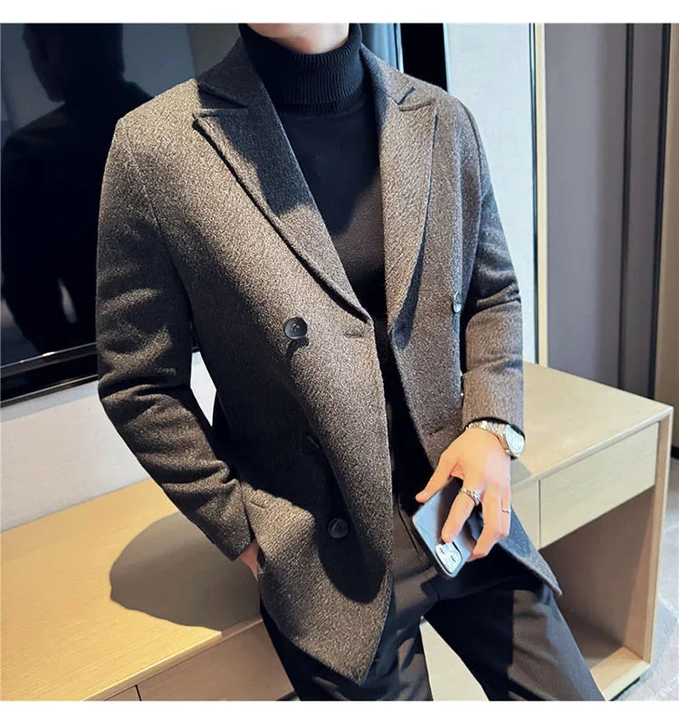 British Style Autumn Winter Thick Double Breasted Woolen Coats High Quality Men Business Casual Warm Suit Jackets Men Clothing
