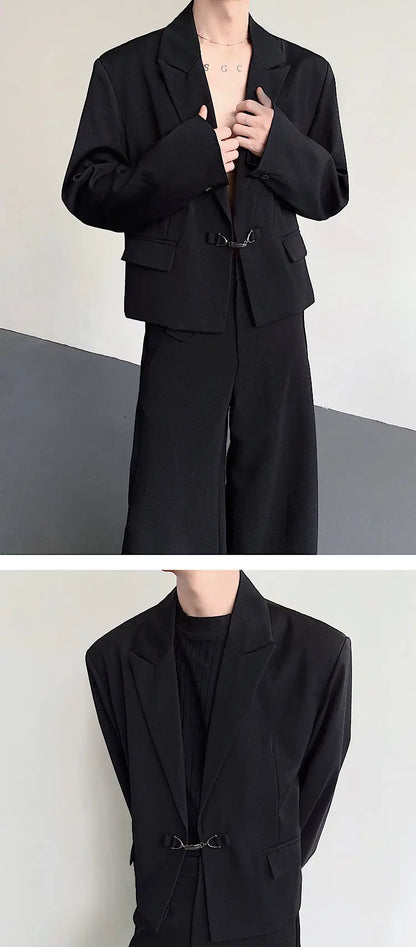 Fashion Korean Elegant Metal Buckle Placket Loose Blazer Coat Men 2025 New Solid Color Trendy Casual Male Clothes JY3447