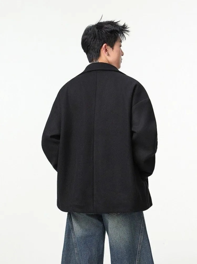 Men's British Style Brown Wool Blend Blazer Korean Loose Lapel Chic Autumn Fashion Suit Jacket