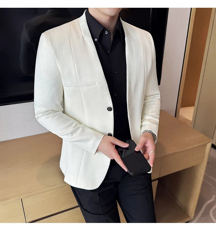 Chinese Style Collarless Suit Jacket Men Fashion Slim Fit Versatile Blazers Male Casual Business Wedding Groom Dress Jacket 2025