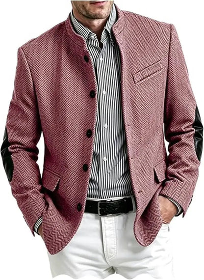Vintage Men's Mandarin Collar Herringbone Tweed Blazer with Leather Elbow Patch Wool Blend Business Casual Slim Fit Suit Jackets