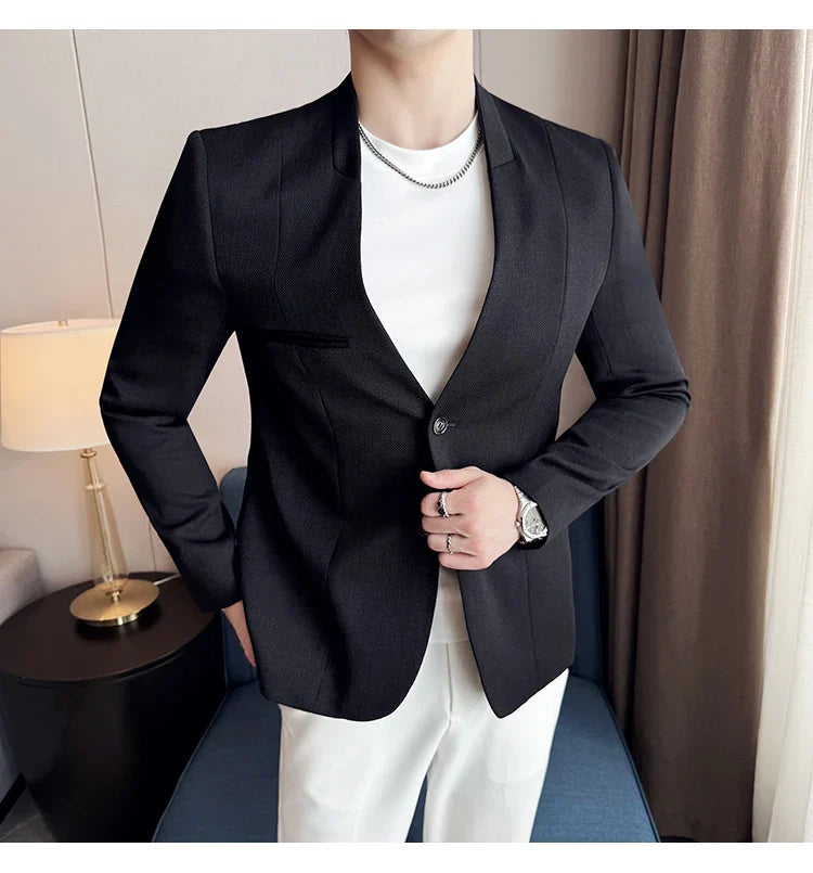 Chinese Style Collarless Suit Jacket Men Fashion Slim Fit Versatile Blazers Male Casual Business Wedding Groom Dress Jacket 2025