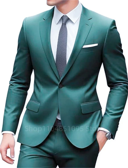 New Solid Slim Fit 2 Piece Wedding Men Suits Groom Tuxedos Formal Suit for Prom Party Busienss Best Man Notch Lapel Blazer Pants