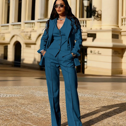 Light Blue 3 Piece Suit Set New Women's Jackets Single Breasted Peaked Lapel Blazer+Vest+Pants Formal Office Commute Outfit