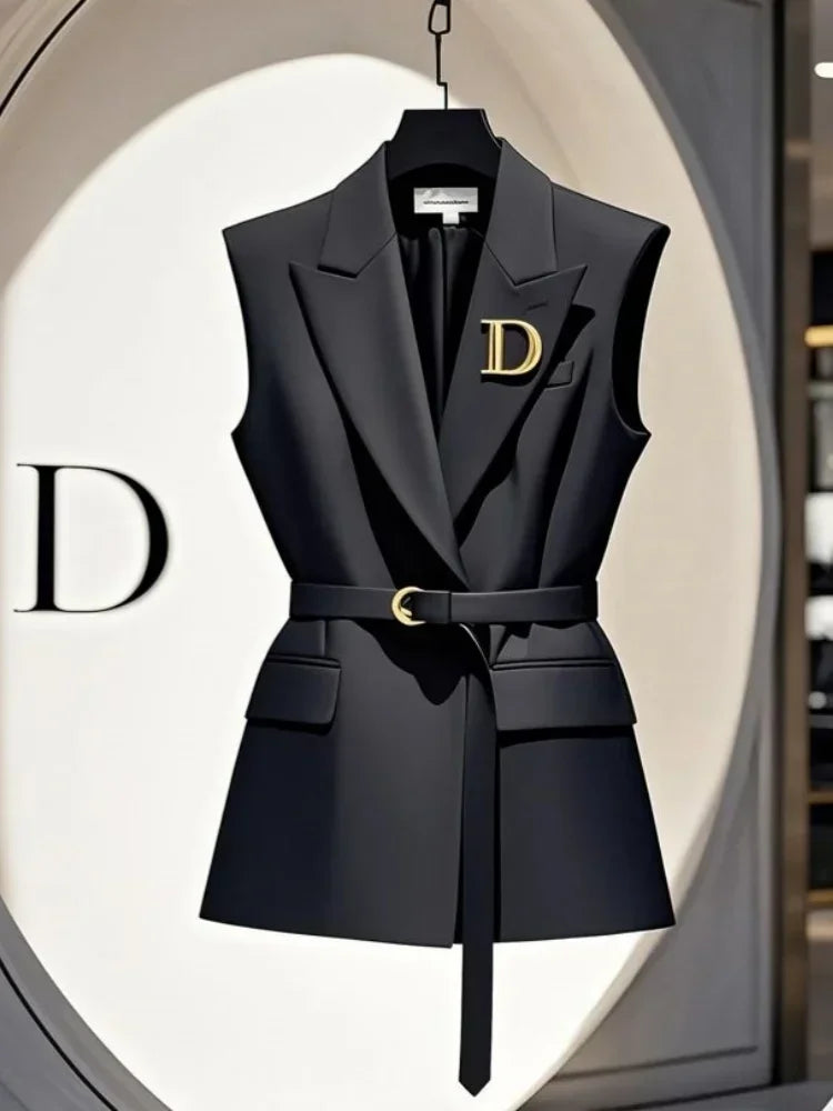 Y2k Vintage Block Coffee Blazers Vest Women Korean Sleeveless Jackets Coat Belt Women Temperament Formal Outerwear Office Lady