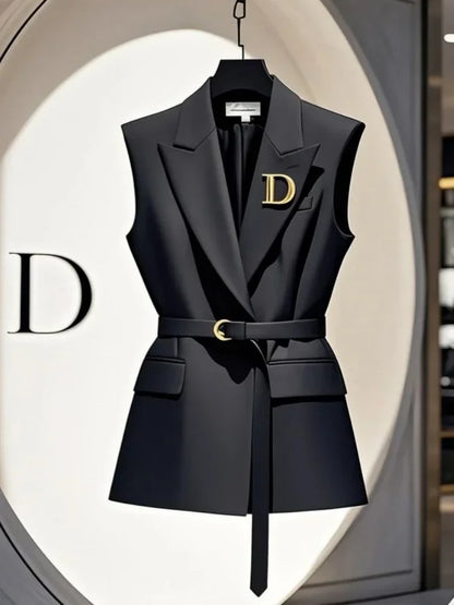 Y2k Vintage Block Coffee Blazers Vest Women Korean Sleeveless Jackets Coat Belt Women Temperament Formal Outerwear Office Lady