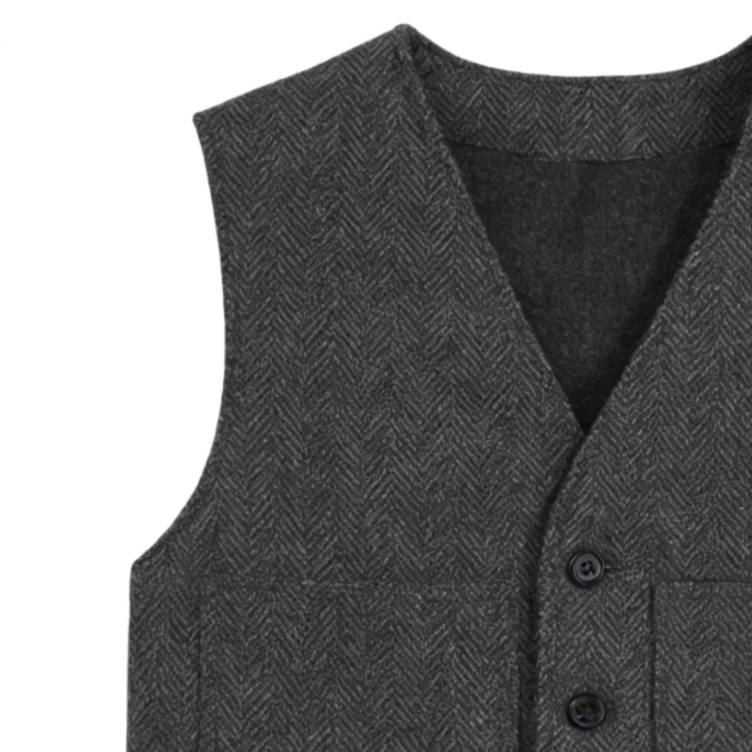 Men's Vest Gray Herringbone Single Button V-Neck Waistcoat for Wedding & Business