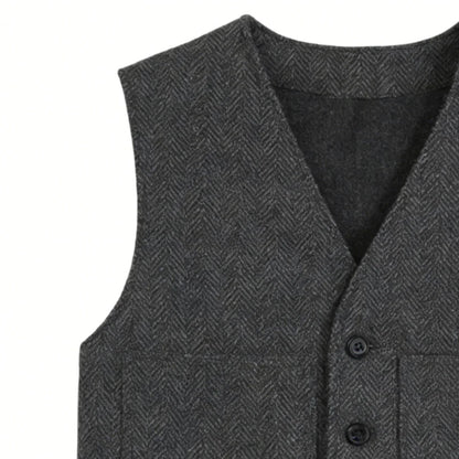 Men's Vest Gray Herringbone Single Button V-Neck Waistcoat for Wedding & Business