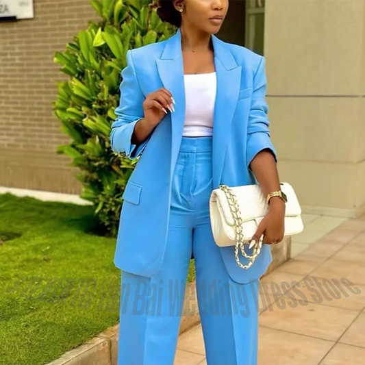 Blue Oversized Women's Suits Solid Color Peaked Lapel Blazer High Waist Pants 2 Piece Outfit Business Party Office Formal Set