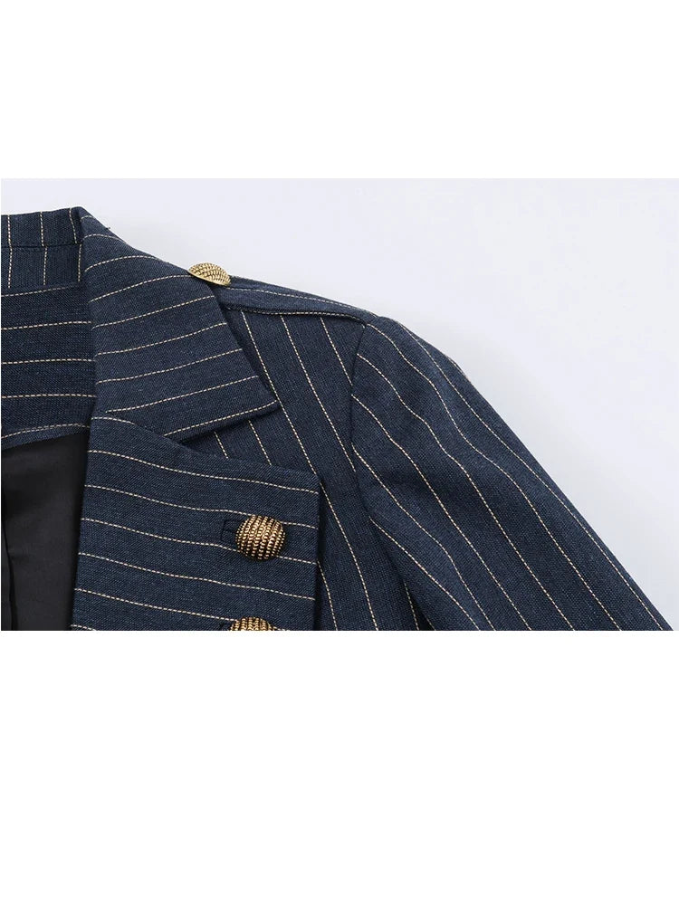 2026 Fashion Women's  Navy Pinstripe Blazer Autumn Elegant Female Long Sleeves Button Military Style Slim Suit Jacket