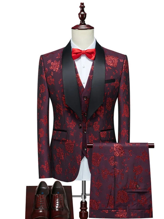 Luxurious Patterned Suit Set 3 Pieces For Men High Quality Man Suits Wedding Groom Sets Plus Size Long Sleeved Tuxedo On Sale