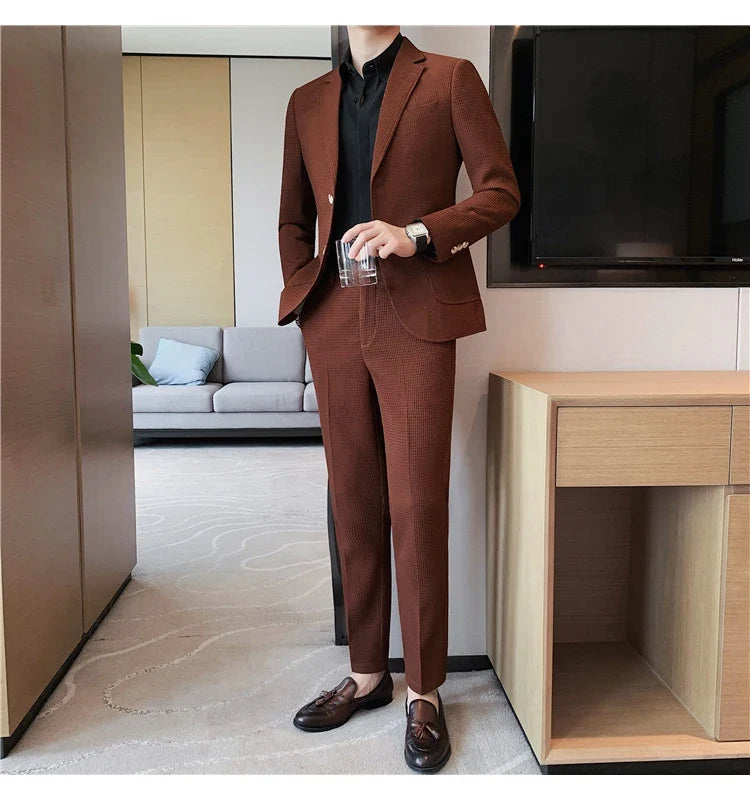 2025 New Waffle Blazers +Pant 2 Piece Set Men Fashion Business Slim Fit Solid Tuxedo Groom Wedding Prom Wear Casual Men's Sets