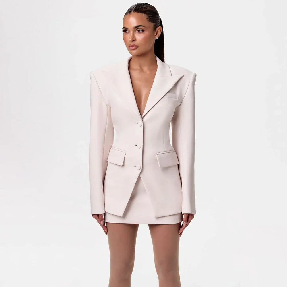 Lively Beige Women's 2 Piece Suit Set Peaked Lapel Single Breasted Jacket+Skirt Elegant Formal Office Lady Daily Wear