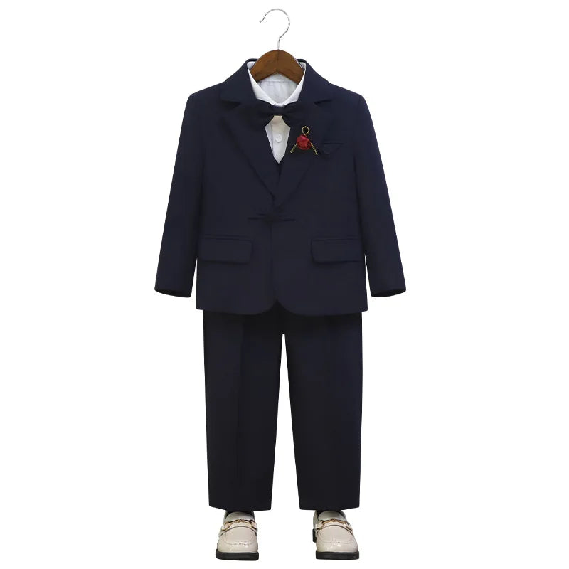 Gentleman Boys 5Pieces Formal Wedding Suit Set With Jacket Vest Pants Bowtie Brooch Kids Birthday Piano Performance Costume
