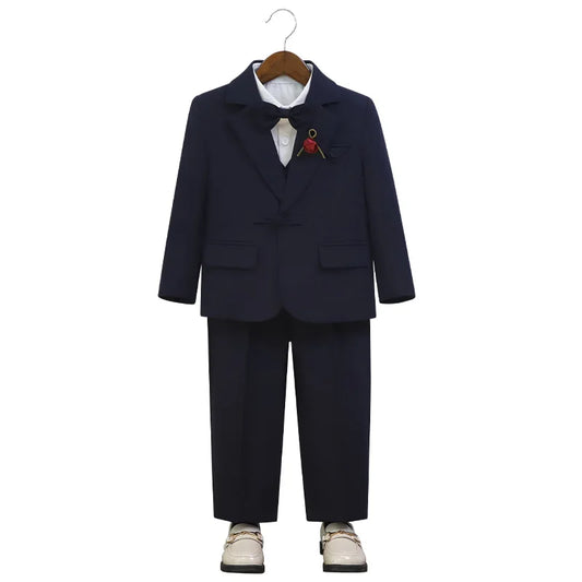 Gentleman Boys 5Pieces Formal Wedding Suit Set With Jacket Vest Pants Bowtie Brooch Kids Birthday Piano Performance Costume