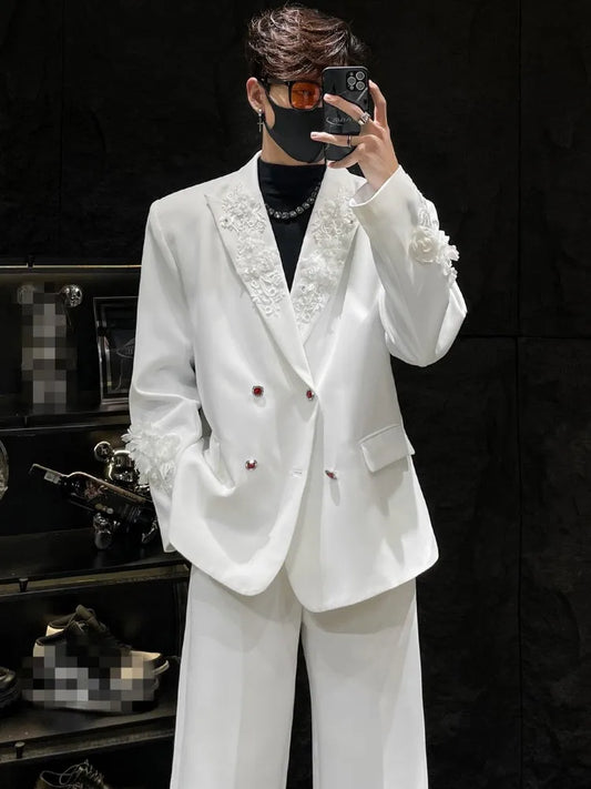 Mens Suits Sets Solid Color Flower Embroidery Double Breasted Blazers Straight Pants Loose Fit Business Casual Two Piece Set