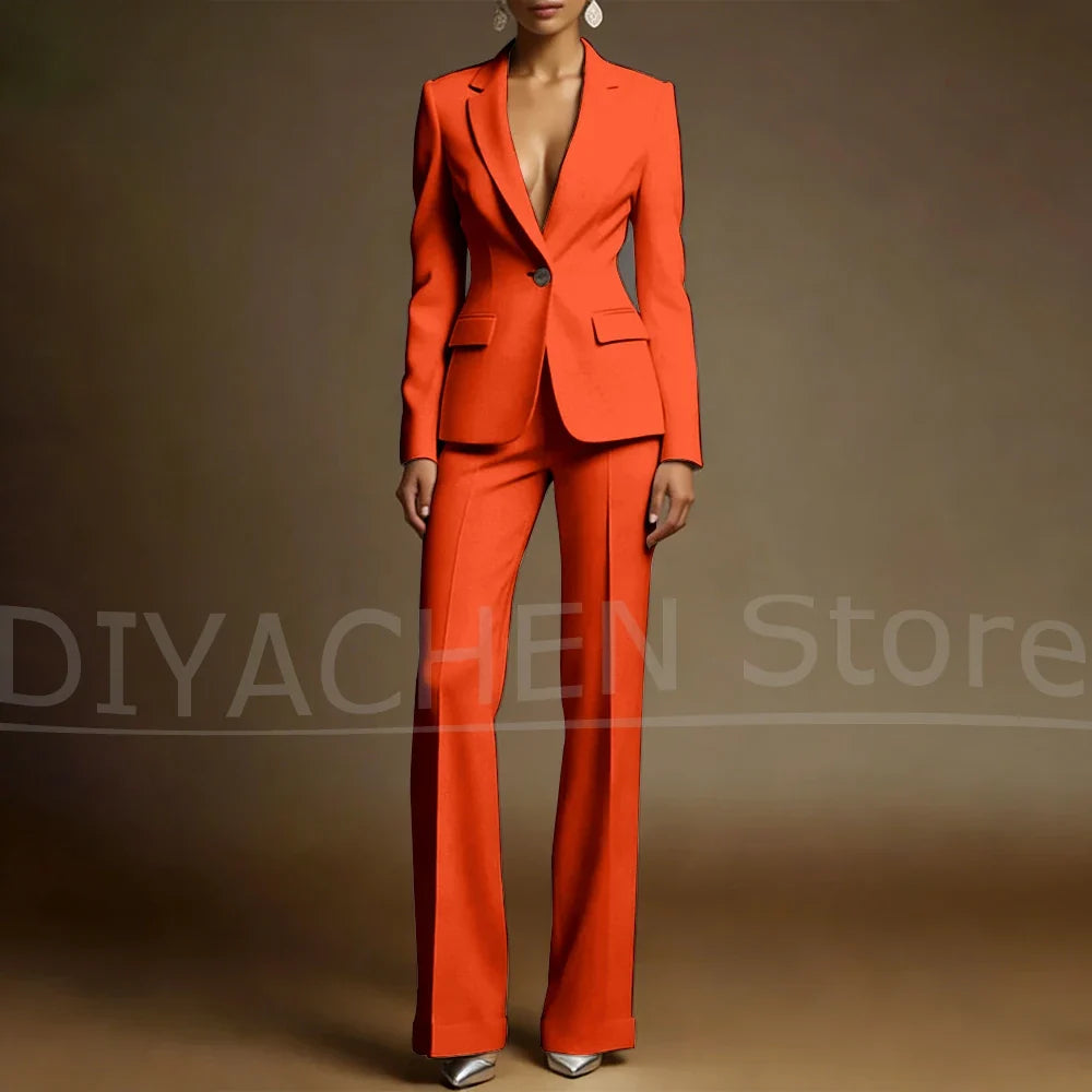Women's White Suit Set Slim Fit Two Piece Jacket and Wide Leg Pants Office Casual Formal Occasions Elegant Female Outfit