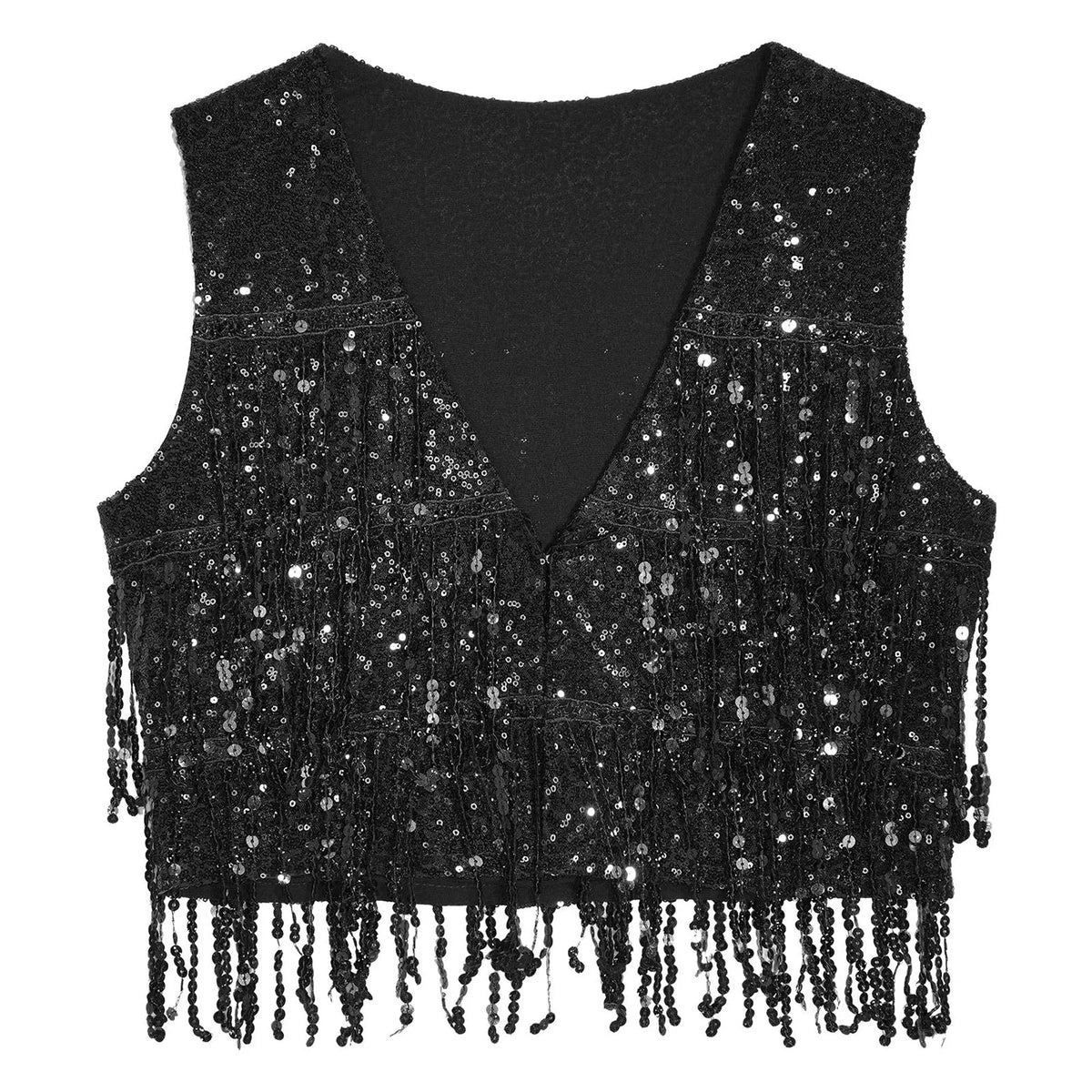 Women's Vest Glitter Tassel Sleeveless Waistcoat V Neck Open Front Shiny Sequins Vests for Jazz Dancing Music Festival Clubwear
