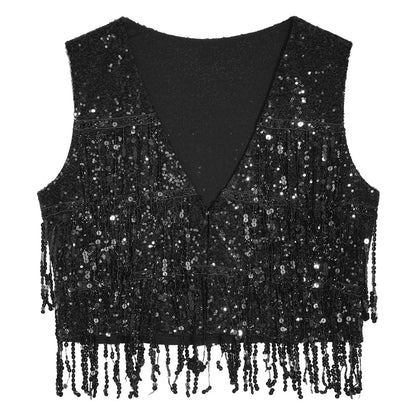 Women's Vest Glitter Tassel Sleeveless Waistcoat V Neck Open Front Shiny Sequins Vests for Jazz Dancing Music Festival Clubwear