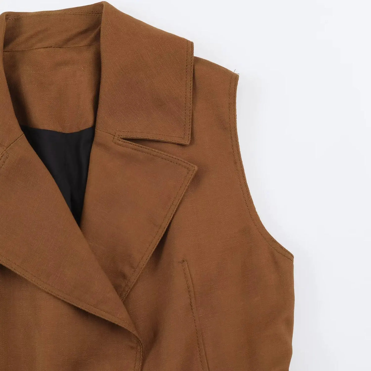 2026 Vintage Fashion Brown Sleeveless Trench Vest Lapel Collar Belted Waist Drawstring Sleeveless Waistcoat With Pockets