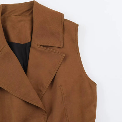 2026 Vintage Fashion Brown Sleeveless Trench Vest Lapel Collar Belted Waist Drawstring Sleeveless Waistcoat With Pockets