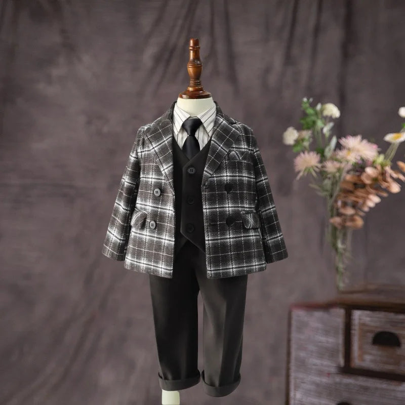 Birthday Formal Photography Outfit Flower Boys Brown Plaid Wedding Dress Kids Children's Piano Host Performance Costume