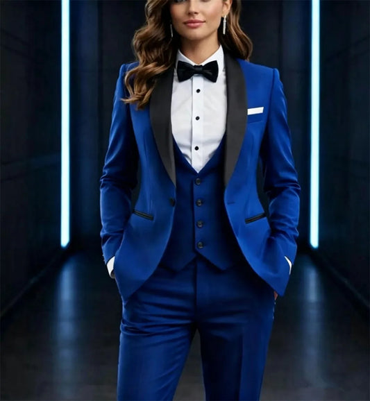 Royal Blue Elegant Suits 3 Pcs For Women's Party Wear Dinner Outfits Women's Tailored Outfits (Blazer+Vest+Pants)