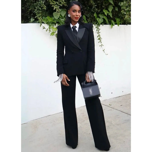 Black Women Suit Customized Double Buttons Stain Peaked Lapel Two Pieces(Jacket+Pants) Modern Female Set for Formal Occasions