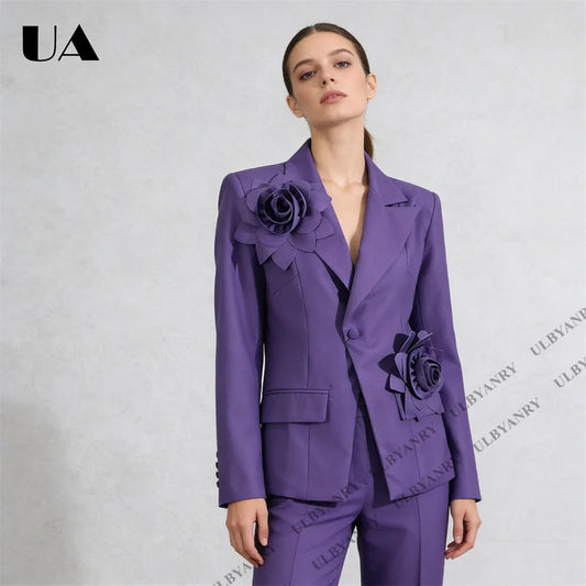 Women’s Blazer Purple Long Sleeve 3D Rose Applique Single Button, Notched Lapel, Tailored Office & Party Jacket Party Prom Suit