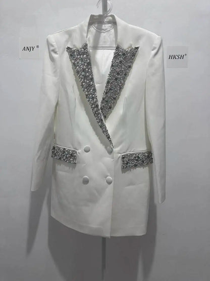 Trendy Fashion Women's Tide Handmade Gorgeous Blazer Heavy Industry Nail Bead Inlaid Diamond Slim Medium Length Coats H2699