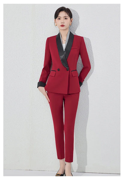 Autumn New Women's Pants Suit 2 Piece Clothing Set Elegant Chic Color Block Blazer Jacket and Trousers Sets Red Formal Work