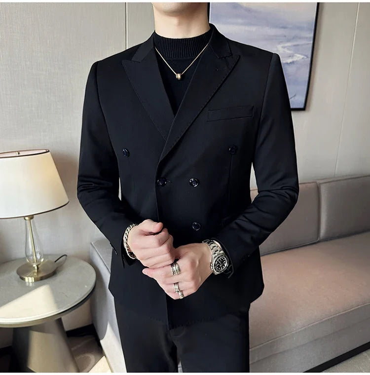 Autumn High-quality Double Breasted Slim Fit Suit Jacket Men Versatile Casual Business Blazer Wedding Social Banquet Formal Coat