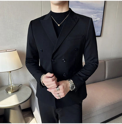 Autumn High-quality Double Breasted Slim Fit Suit Jacket Men Versatile Casual Business Blazer Wedding Social Banquet Formal Coat