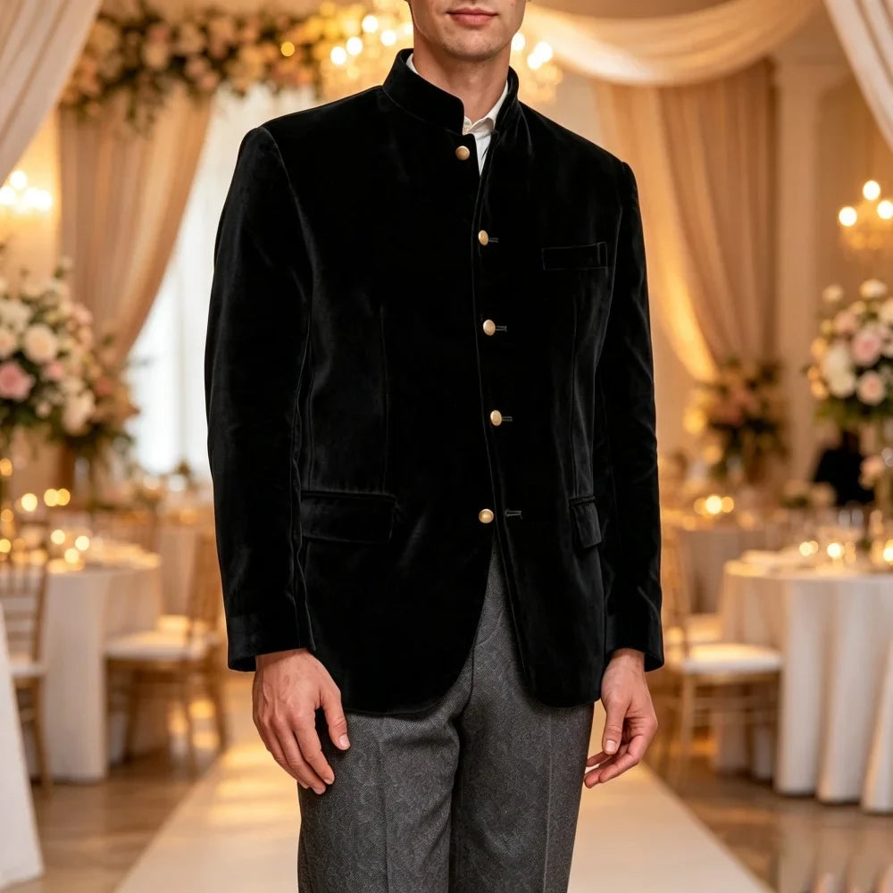 Single Breasted Velvet Suit Jacket Men with Stand Collar 1 Piece Fashion Blazer for Wedding Prom Formal Gentleman Suit Wear