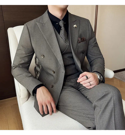 Autumn and winter high-end men's fashionable and stylish suit set, groom's wedding dress three-piece set, Korean-style slimming