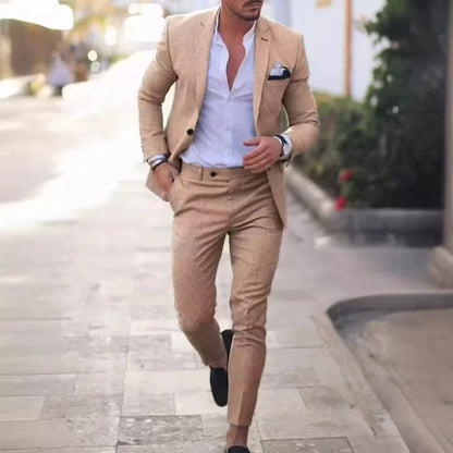 Costume en Lin Homme Robes de Soirée Élégantes Revers Cranté un Bouton Blazer Ajusté Fête de Mariage Plage d'Été Banquet