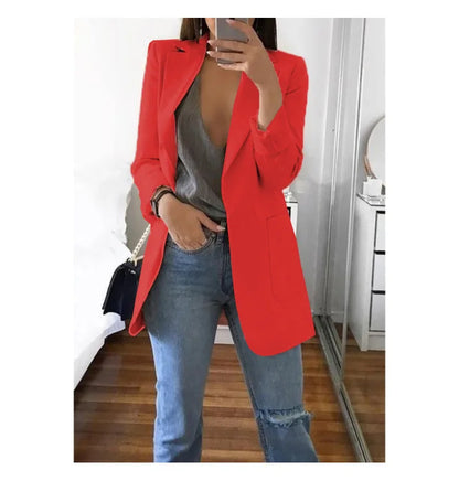 Women's Casual Blazer Notched Lapel Long Sleeve Open Jacket with Pockets Slim Fit Spring Autumn Office Lady Streetwear Coat