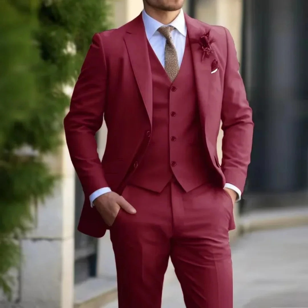 Men's 3-Piece Formal Solid Color Suit Set - Wedding Business Party Dance Classic Occasion Jacket Vest Pants Ensemble