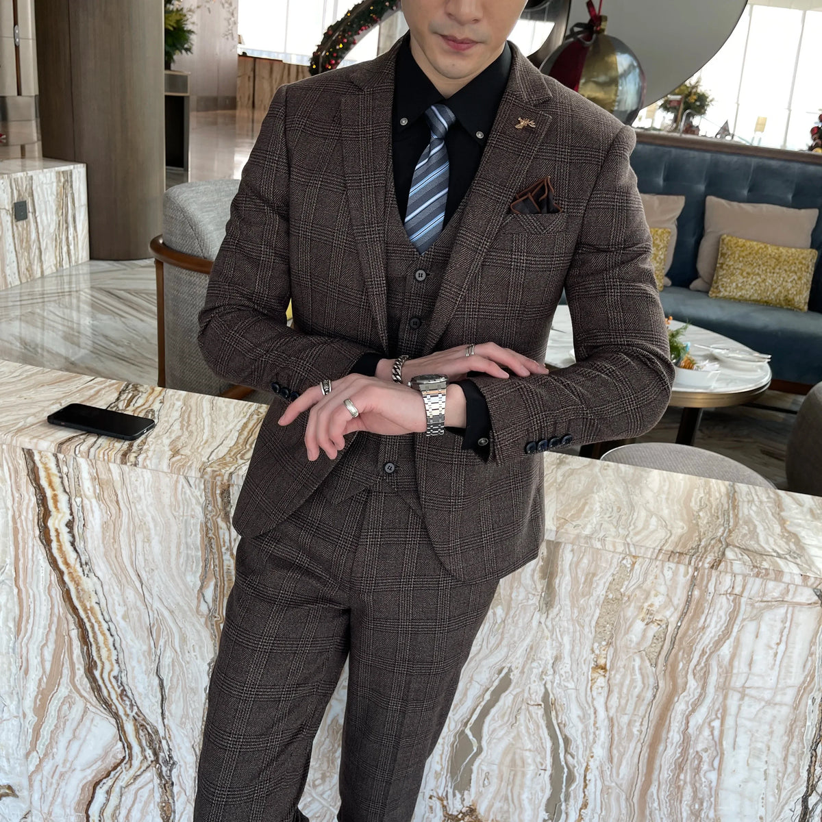 British Korean Style High Quality Modified Plaid Three-Piece Suit for Men - Stylish Business Casual Suit Vest And Trousers Set