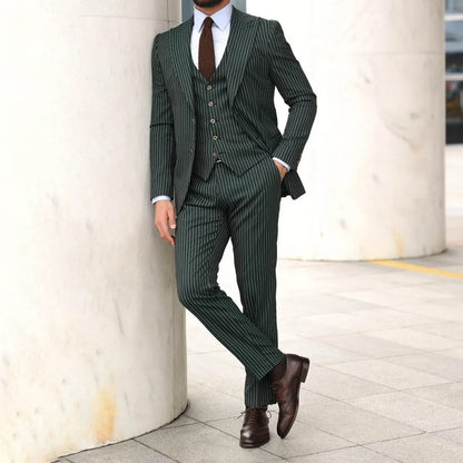 Formal Dark Green Men's Suits Business 3 Piece Sets Single Breasted Suit Striped Tuxedo Peak Lapel Banquet Suits Male Customized