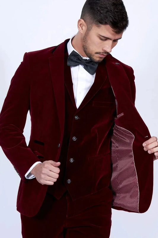 Custom Vintage Burgundy Velvet Men Suits Winter Formal Wedding Elegant Tuxedo Warm Slim Fit Prom Party Jacket 3 Piece Set Trajes