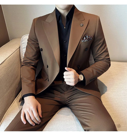 (Blazer + Trousers) Fashion Double Breasted Design Slim Men's Suit Italian Style Luxury Wedding Social Party Tuxedo 2 Piece Set