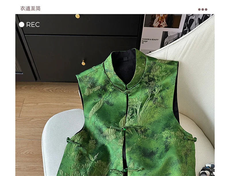 2025 Retro Chinese Literature Green Jacquard Vest Classical Chic Versatile Waistcoat Female Sleeveless Singlet Tops