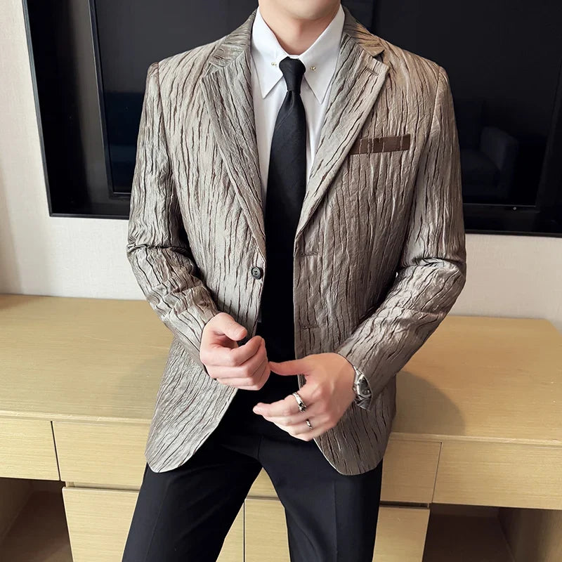 Korean Trend 3D Pleated Suit Jacket for Men Wedding Groom Business Dress Jacket Casual Banquet Party Host Blazer Masculino