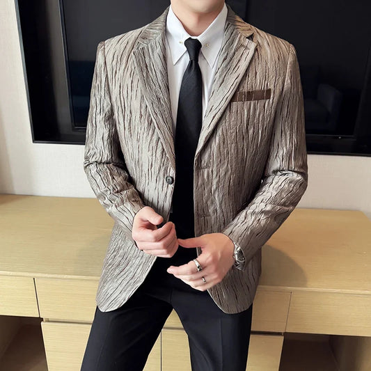 Korean Trend 3D Pleated Suit Jacket for Men Wedding Groom Business Dress Jacket Casual Banquet Party Host Blazer Masculino
