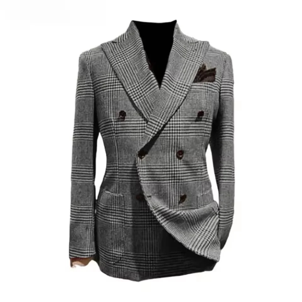 Formal Men's Jacket Houndstooth Woolen Brown Blazer with Peak Lapel Casual Wedding Business Party Coat Autumn Winter Customized