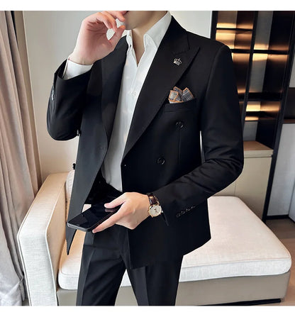 (Blazer + Trousers) Fashion Double Breasted Design Slim Men's Suit Italian Style Luxury Wedding Social Party Tuxedo 2 Piece Set